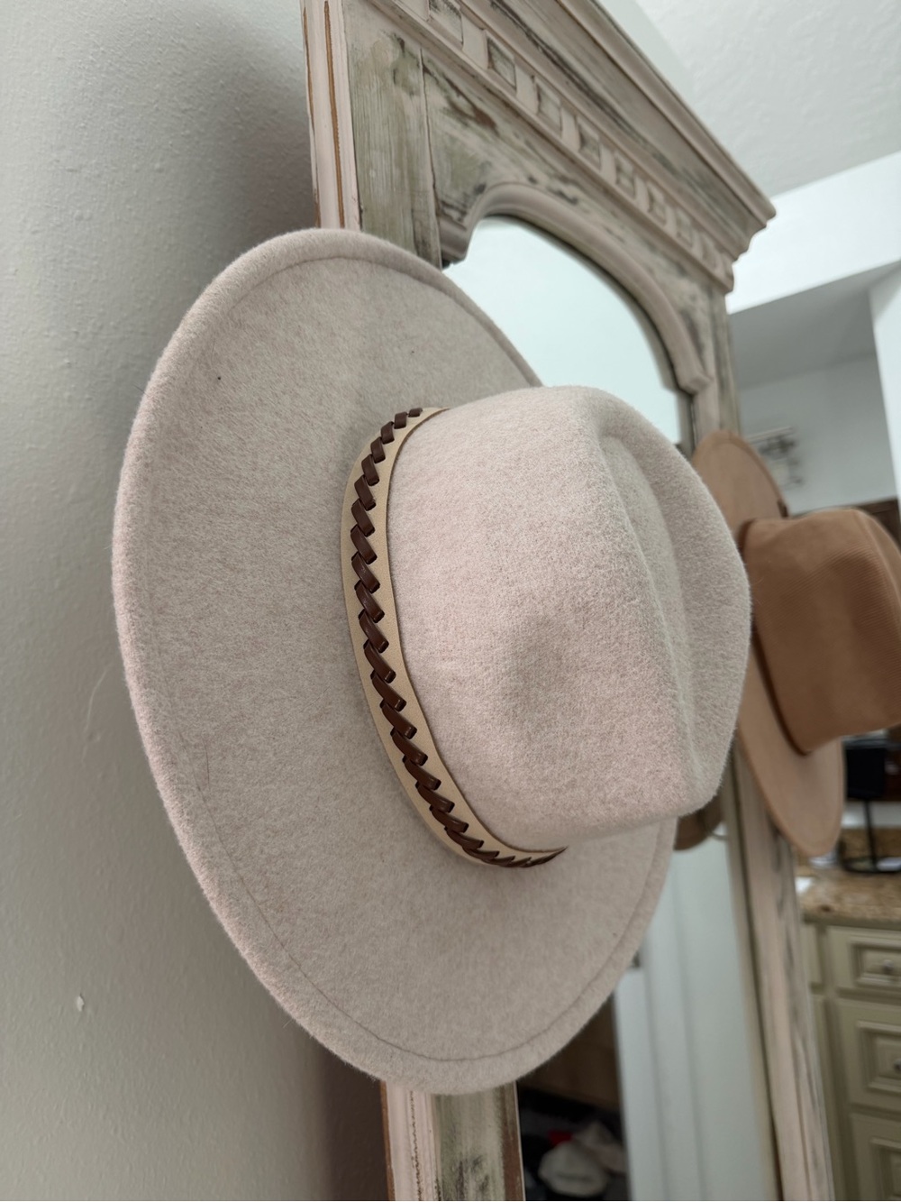 Womens Beige Hat with Braided Band // Corduroy hat with leather band